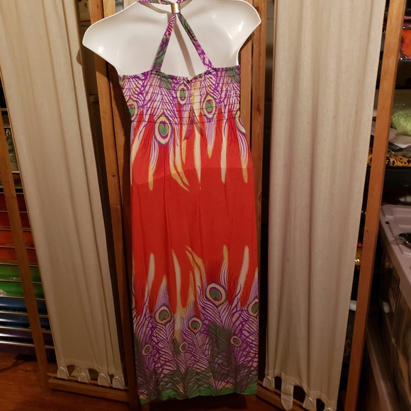 ❤Flowy Orange Peacock Feather Print Maxi Dress - Picture 7 of 8